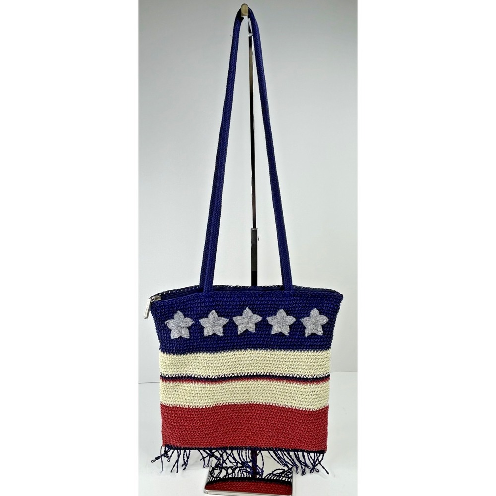 Stone Mountain‎ Purse Med. RWB Crochet Beaded Flag America 250 Celebration EUC